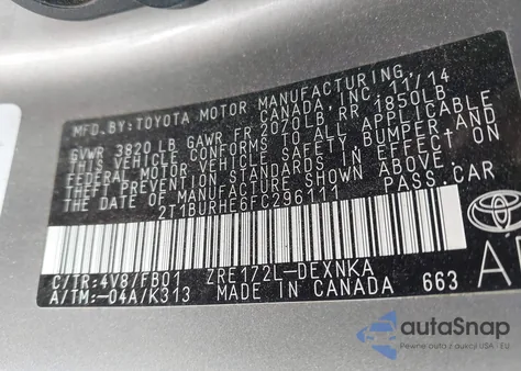 2015 Toyota Corolla Le from USA, damaged, VIN 2T1BURHE6FC296111